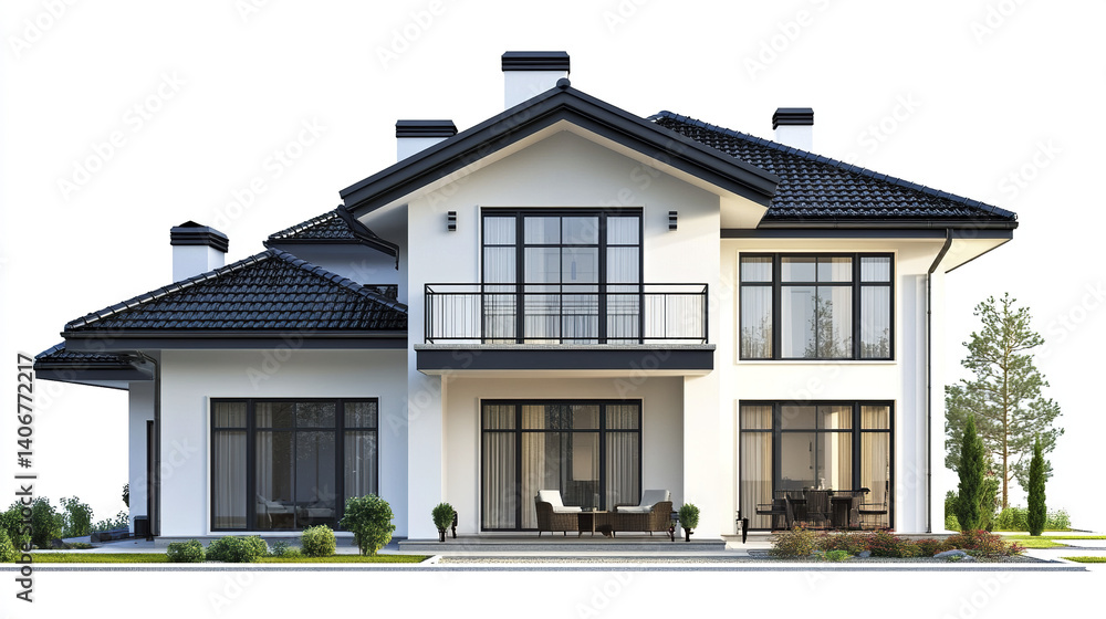 Modern two story house with large windows and balcony Modern two story house with large windows and balcony