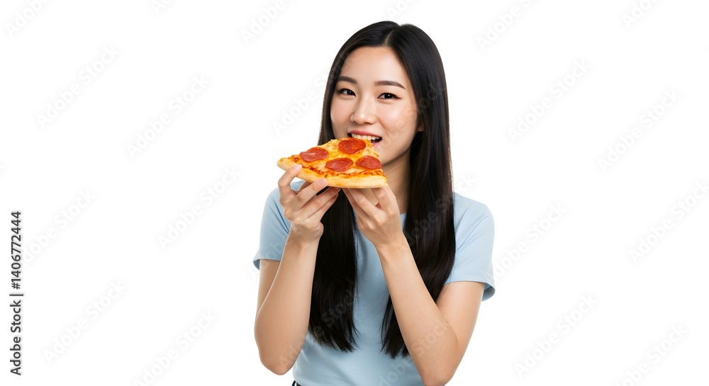 Asian woman eat Pizza isolated on white background Asian woman eat Pizza isolated on white background