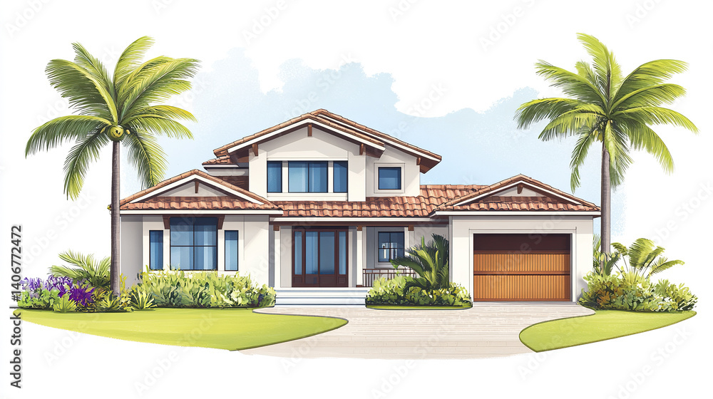 Resort style American house with palm trees and garage