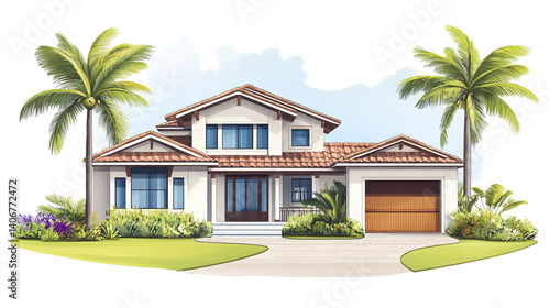Obraz na płótnie Resort style American house with palm trees and garage w salonie