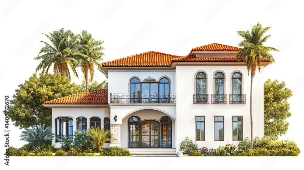 Fototapeta premium Elegant resort style house with palm trees and red roof