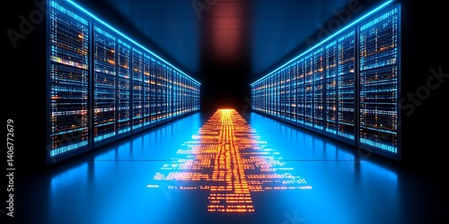Data Center Pathway: Explore a futuristic data center bathed in electric blue and orange hues.