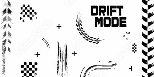 Drift Mode Typography Set – Tire Skid Marks & Racing Grunge Vector Elements

