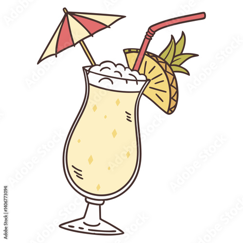 Pina Colada cocktail vector with leaves and slice of pineapple for cocktail bar or drink summer party. Pina alcohol cocktail with rum for beach bar and cafe menu.