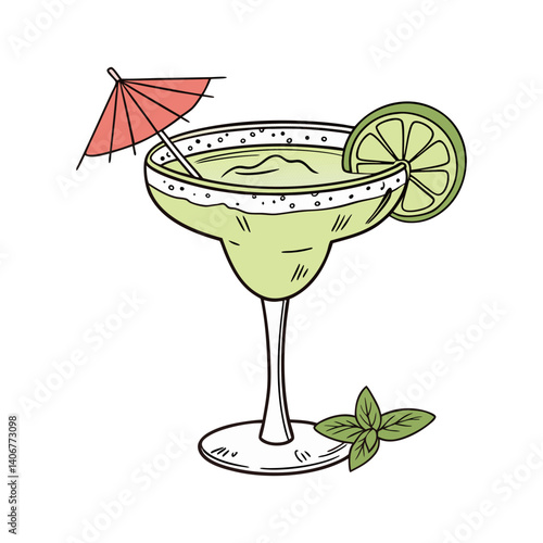 Margarita cocktail vector with strawberry and lime for cocktail bar or drink summer party. Martini or daiquiri cocktail with rum, tequila for beach bar and cafe menu.