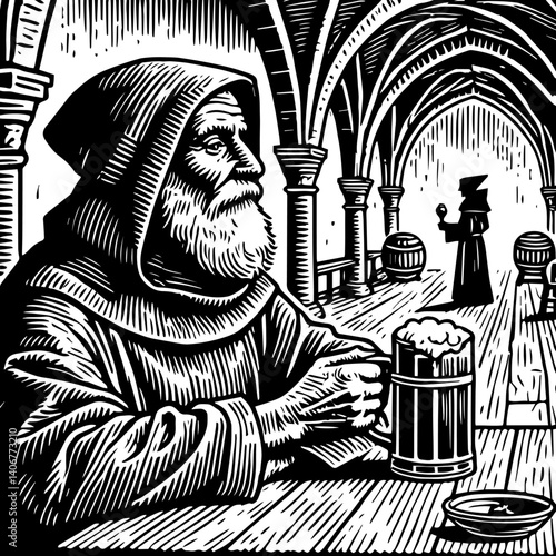 Monks in a Medieval Tavern. Woodcut illustration of monks drinking beer in a medieval tavern setting.