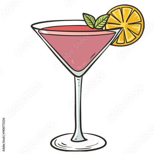 Cosmopolitan cocktail with lime and cherry for summer party. Ping alcochol cocktail for beash bar. Cosmo with vodka and cranbery for design of menu