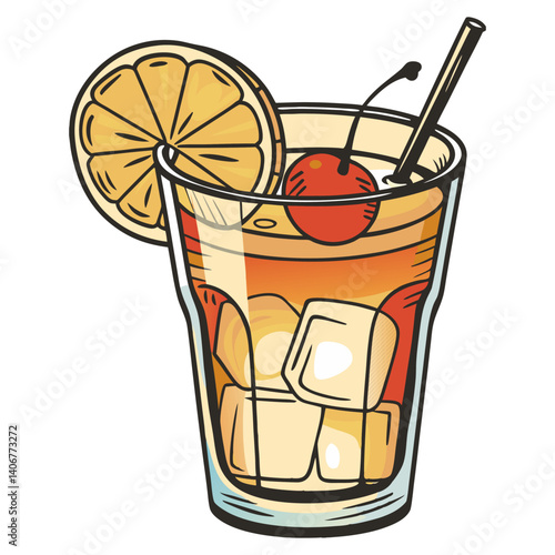 Mai Tai cocktail vector with slice of pineapple and cherry for cocktail bar or drink summer party. Exotic cocktail with tequila for beach bar and cafe menu