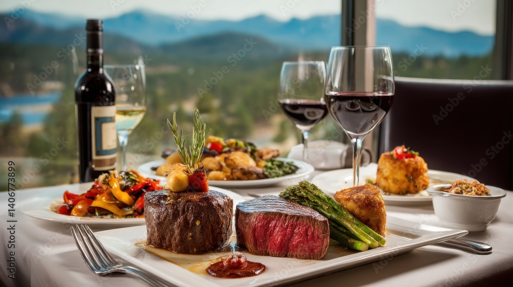 This setting showcases a gourmet steak dish accompanied by wine and various side dishes, with a stunning mountain backdrop visible through large windows during sunset This setting showcases a gourmet steak dish accompanied by wine and various side dishes, with a stunning mountain backdrop visible through large windows during sunset
