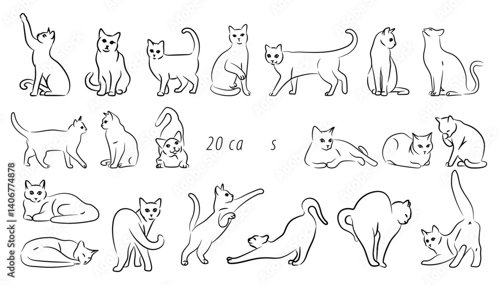 Fototapeta premium Cats line poses set on white background. Vector illustration