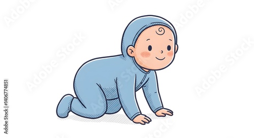Cartoon Baby Crawling in Blue Onesie