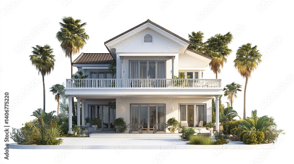 Elegant resort style American house with palm trees on white background