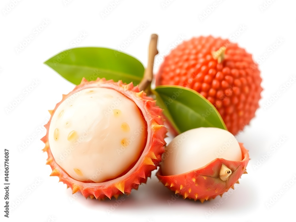 Fresh Ripe Lychee Fruit with Leaf – Whole and Peeled Exotic Tropical Fruit Isolated on White Background Fresh Ripe Lychee Fruit with Leaf – Whole and Peeled Exotic Tropical Fruit Isolated on White Background