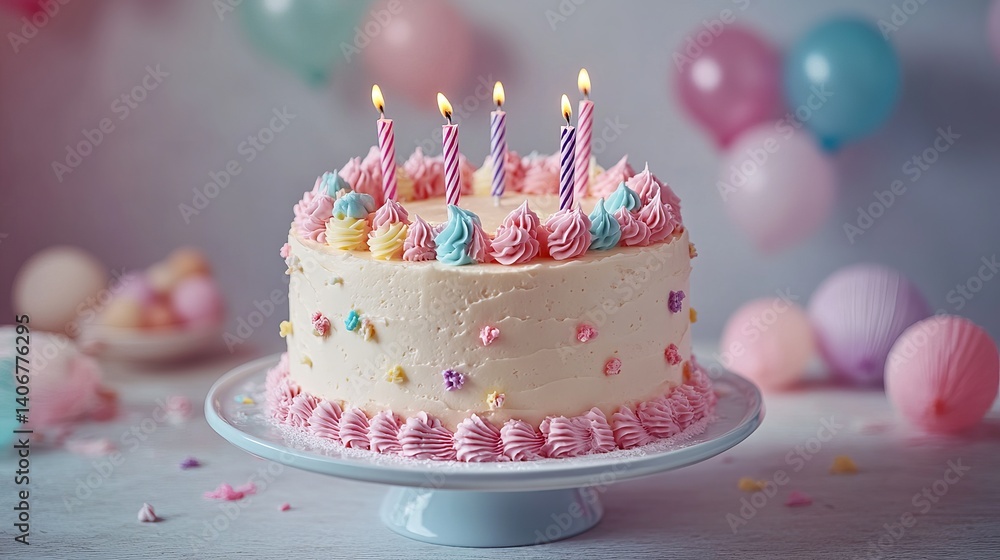 A frosted cake with candles on a pedestal with balloons in the background for a birthday party A frosted cake with candles on a pedestal with balloons in the background for a birthday party