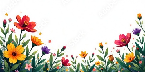 Foliage with colorful flowers and stems on white background, floral, plants