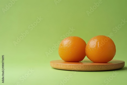 Two vibrant orange fruits on a light brown wooden plate.