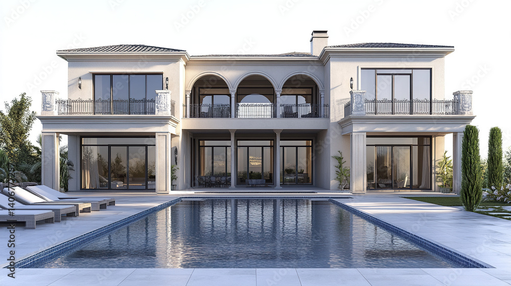 Fototapeta premium Elegant resort style American house with pool and arches