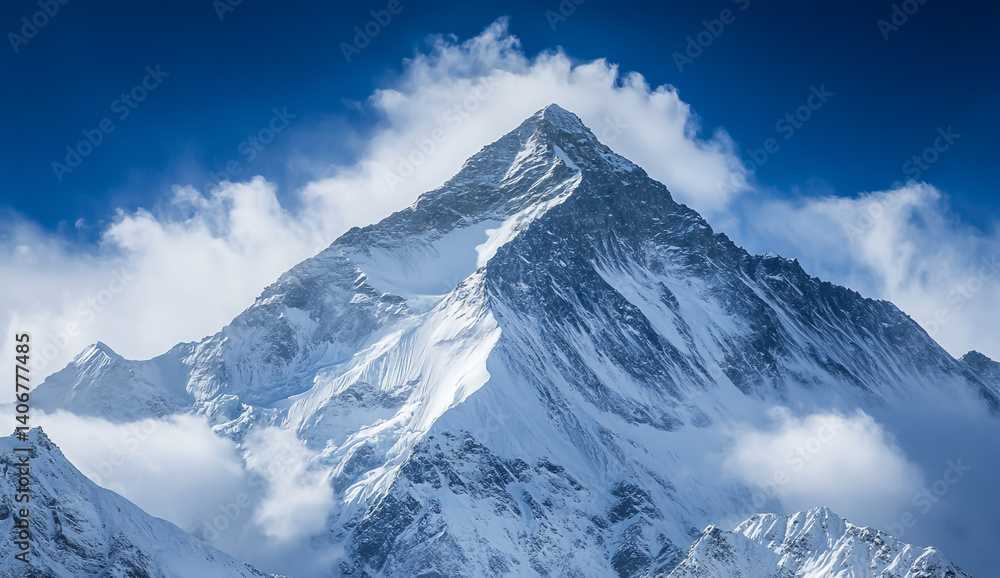 Obraz premium Snow-Covered Mountain Peak with Clear Blue Sky – A Majestic Winter Landscape