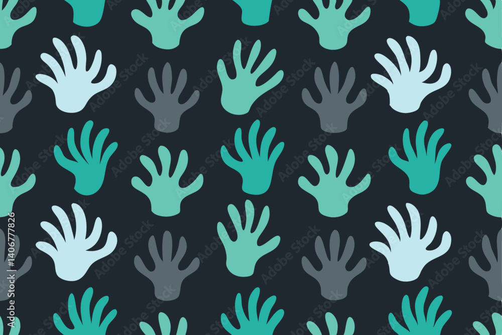 Fototapeta premium Abstract Hands Pattern Design on Dark Backdrop Handprints Seamless Textile