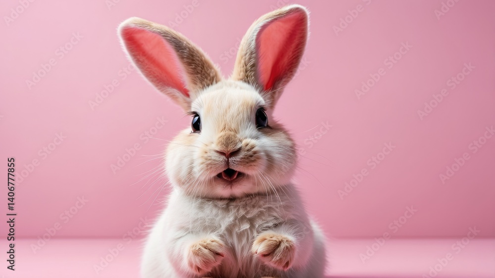 A white rabbit with large ears and wide, expressive eyes is pictured against a pink background. A white rabbit with large ears and wide, expressive eyes is pictured against a pink background.