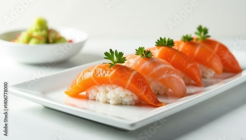 Fresh sushi platter, minimalist white backdrop, simple, seafood platter