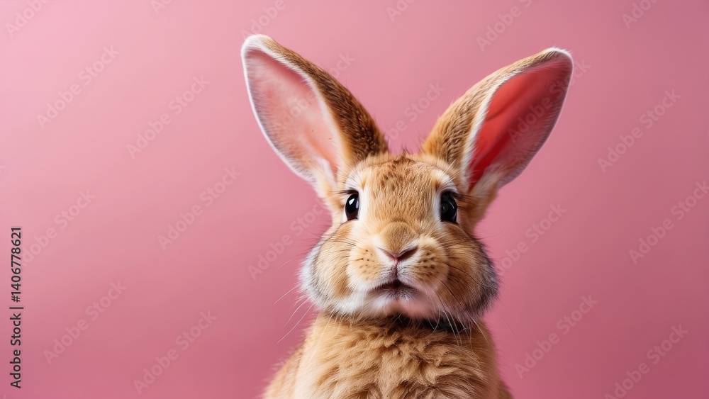 Fototapeta premium A white rabbit with large ears and wide, expressive eyes is pictured against a pink background.