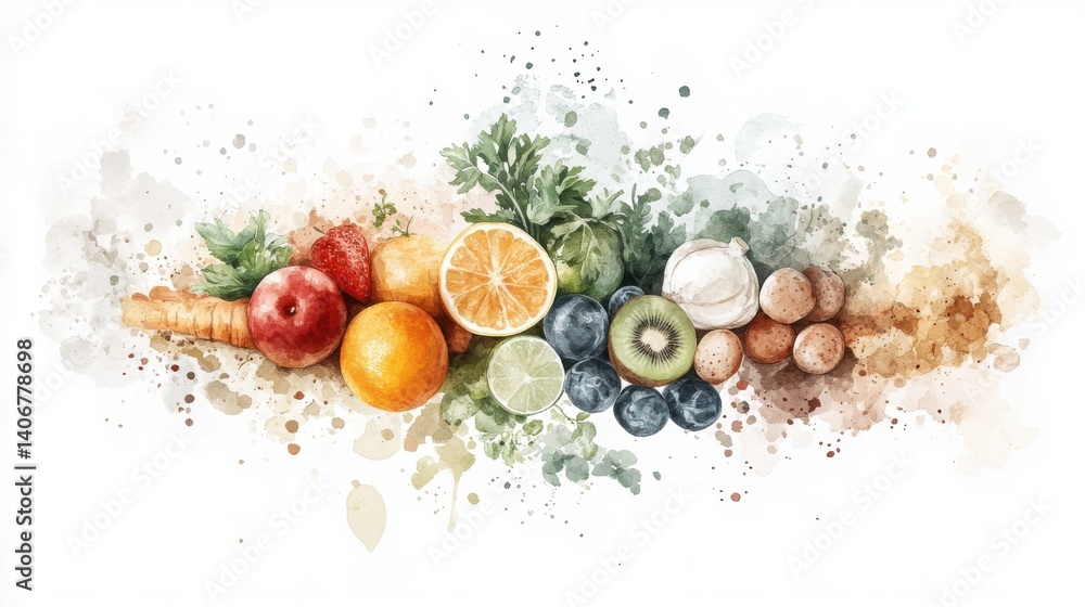 A vibrant watercolor illustration showcasing an array of fresh fruits and vegetables, highlighting their colors and natural beauty.