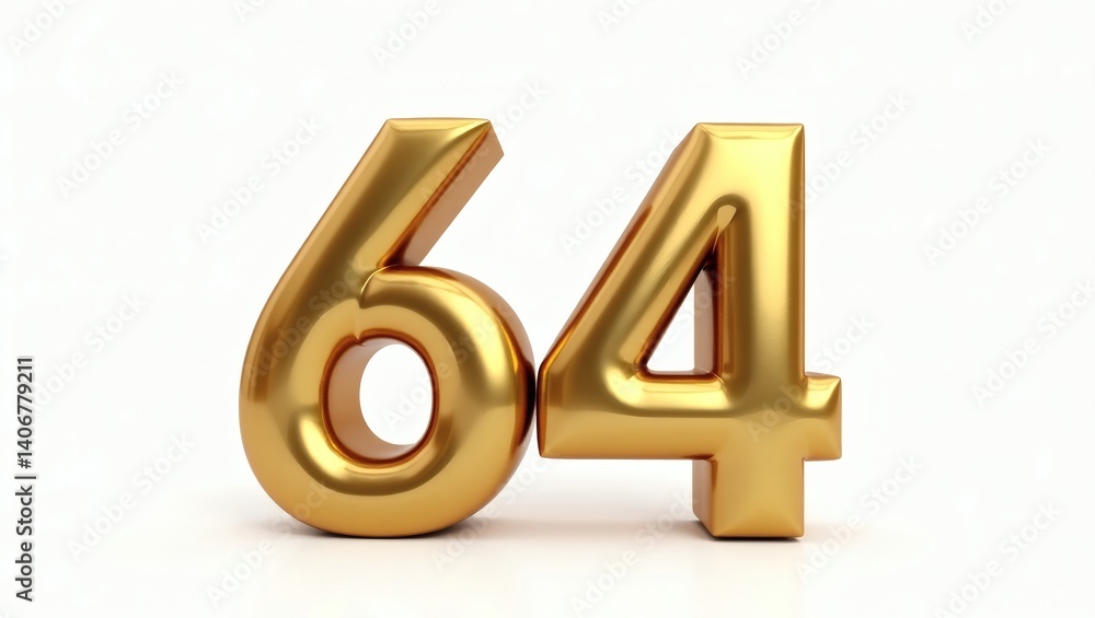 Golden 64 Number Symbol on White Background – 3D Anniversary or Celebration Concept Golden 64 Number Symbol on White Background – 3D Anniversary or Celebration Concept