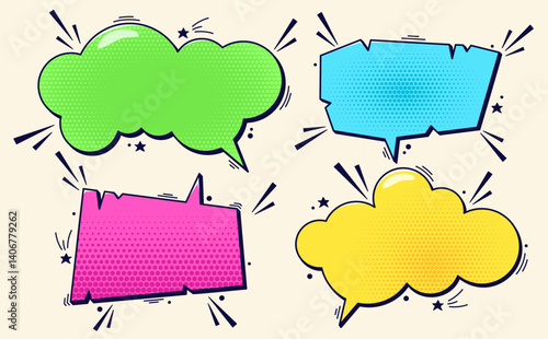 Set of four colorful speech bubbles with halftone elements and tiny details.