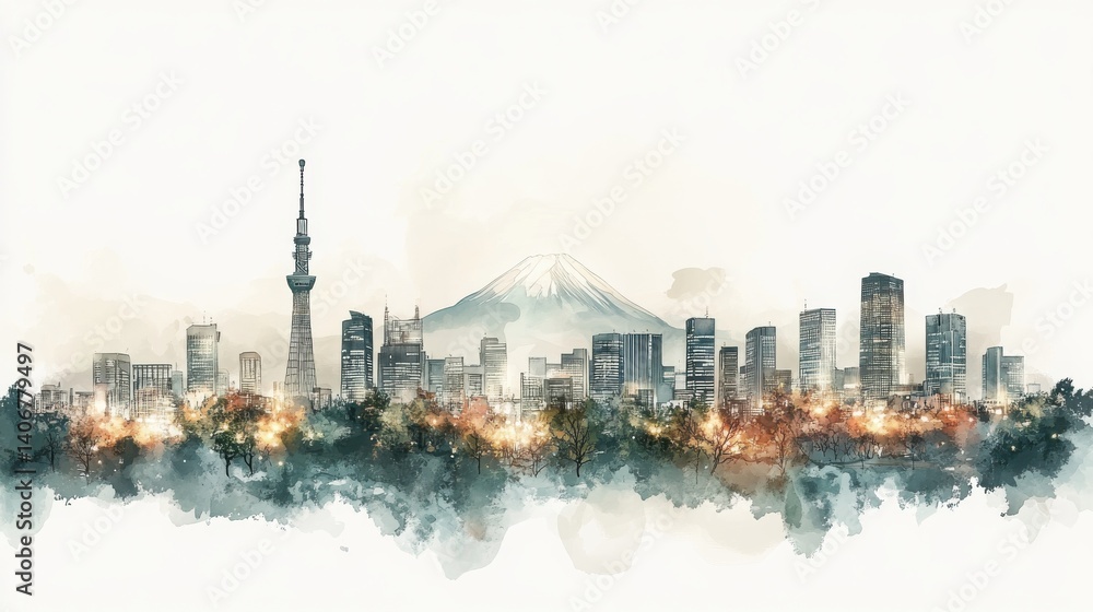 Fototapeta premium A watercolor depiction of a city skyline featuring iconic structures, including a tower, with Mount Fuji in the background surrounded by greenery.
