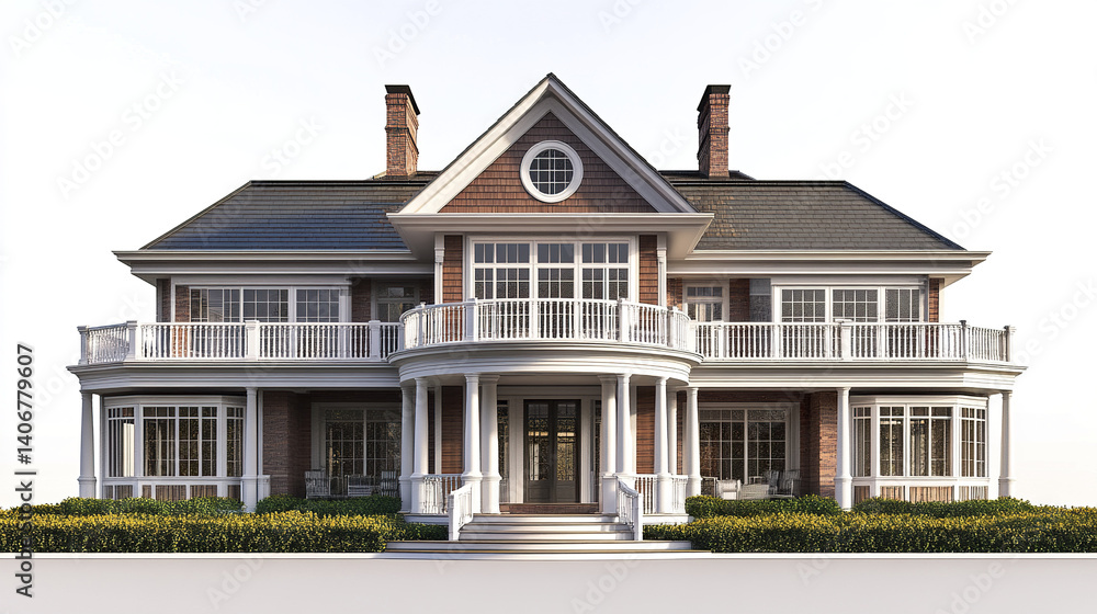 Elegant two story American house with large windows and wraparound porch Elegant two story American house with large windows and wraparound porch