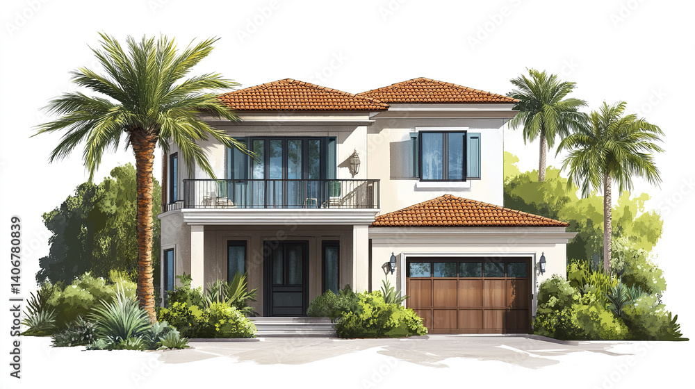 Resort style house with palm trees and garage, exuding tropical vibe Resort style house with palm trees and garage, exuding tropical vibe