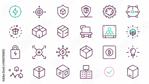 Collection of linear style blockchain outline icons perfect for decentralized finance projects digital exchanges and cryptocurrency related business visuals