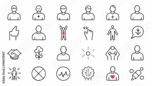 Modern linear icons showcasing various types of body pain suitable for physical therapy apps pain management services and healthcare product branding