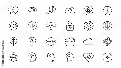 Modern outline icons featuring the human brain in a linear style ideal for health tech solutions therapy apps and cognitive training platform visuals