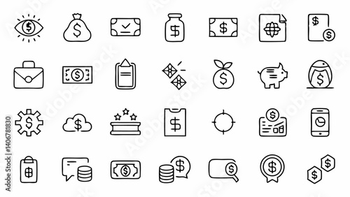 Cash themed outline icons in a clean linear format ideal for financial platforms money transaction apps digital wallets and business accounting solutions