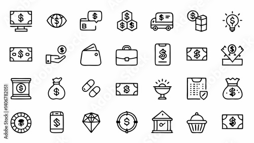 A detailed collection of outline cash-related icons designed in a modern linear style, perfect for finance, banking, and digital payment app interfaces and designs