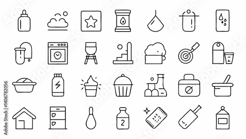 High quality washing and cleaning themed linear icons perfect for laundry services, dry cleaning businesses, and household hygiene or sanitation related visuals