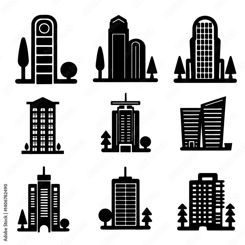 Obraz premium Apartment home tower building icon set illustration commercial real estate.