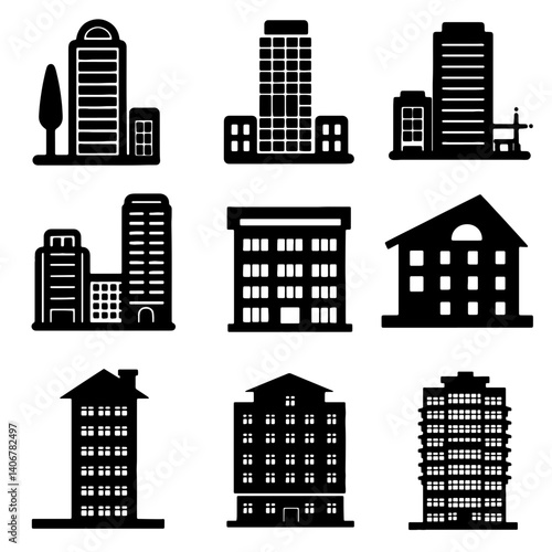 Apartment home tower building icon set illustration commercial real estate.