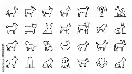Modern pet and domesticated animal icon set in clean outline style for veterinary tools, pet apps, and animal-focused business branding and UI design