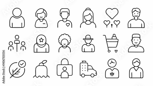 A clear and practical icon set themed around elderly care and senior living in outline design perfect for care apps, healthcare websites, and family support tools