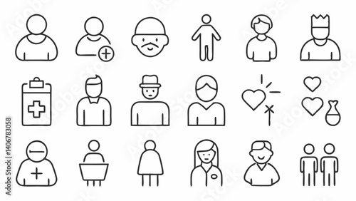 Clean and accessible elderly care icons in a linear style suitable for health service apps, senior support programs, and retirement home branding visuals