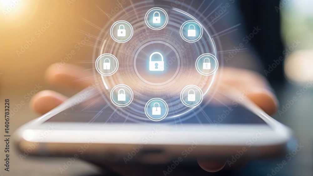 Fototapeta premium Individual holding tablet with lock icon representing digital security and data protection