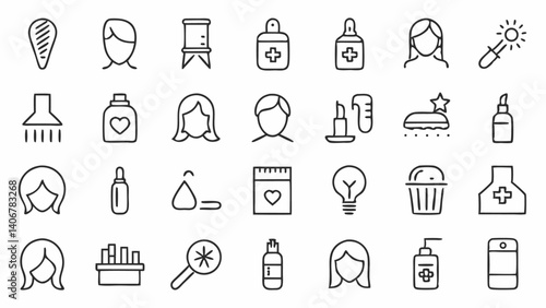 Hair care outline icons including tools, products, and styling elements perfect for salon branding, hairdresser booking apps, and personal care sites