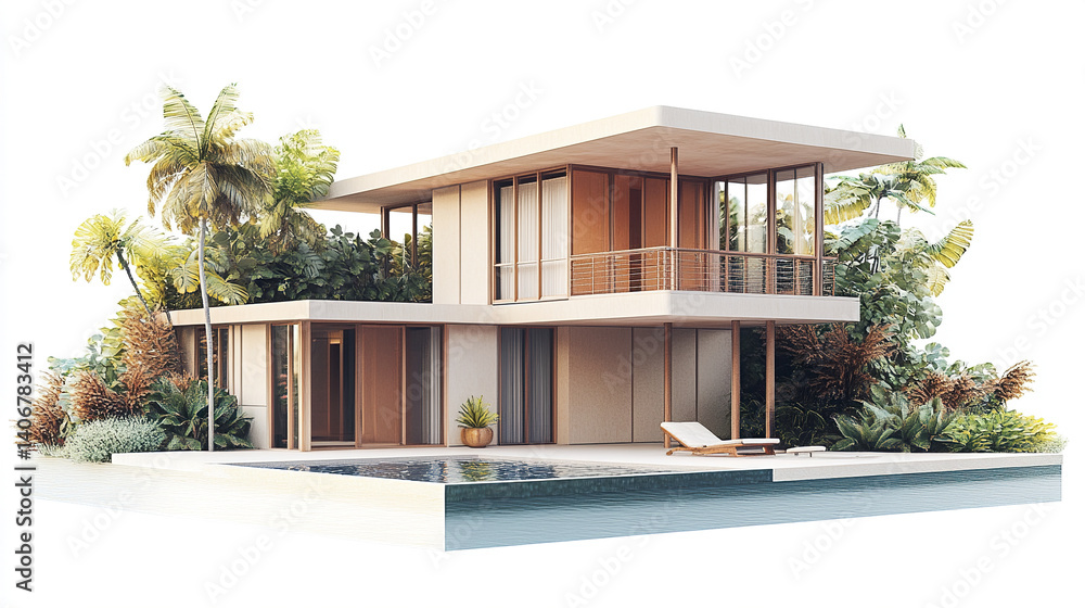 Fototapeta premium Modern resort style house with pool and tropical plants