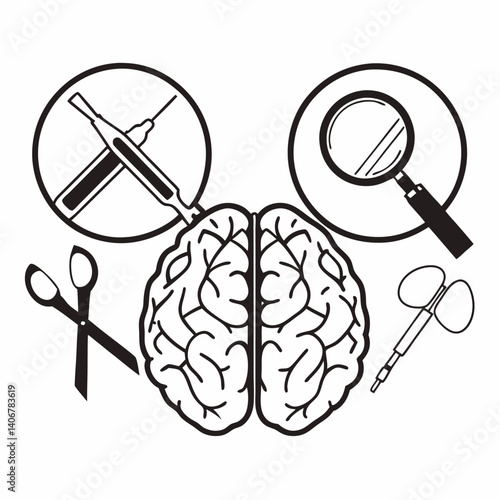 A black and white line drawing isolated on white background depicts a human brain, a fountain pen, and a microscope, representing science, education, and intellectual pursuits with precision