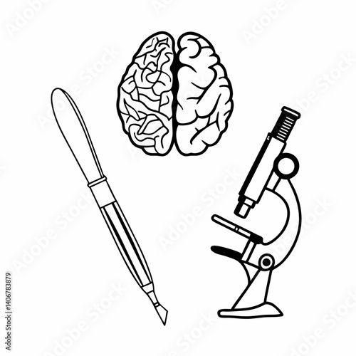 A black and white line drawing isolated on white background depicts a human brain, a fountain pen, and a microscope, representing science, education, and intellectual pursuits with precision