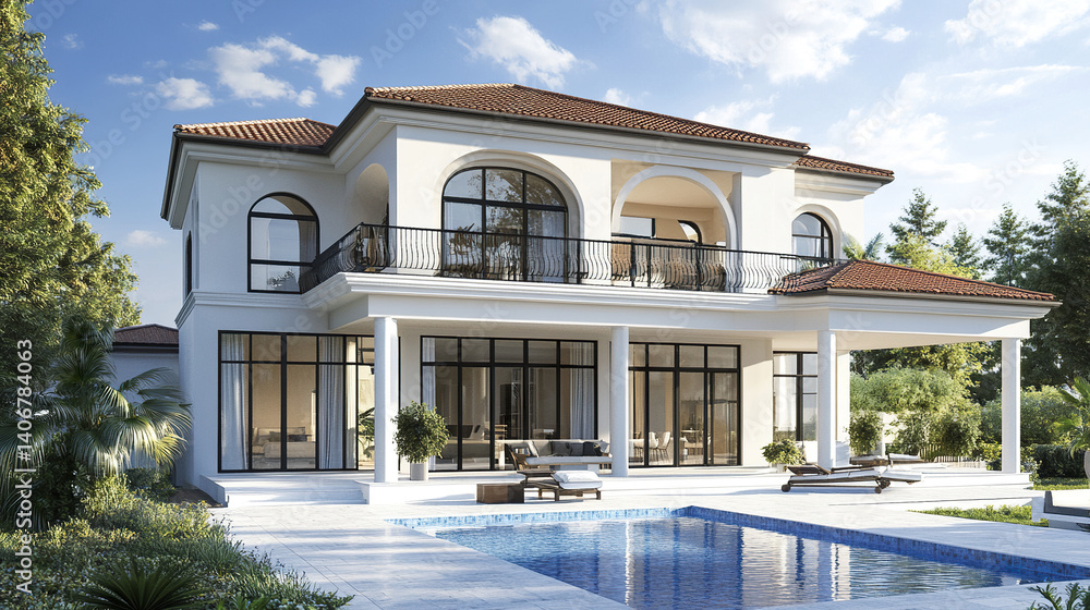 Fototapeta premium Elegant resort style house with pool and lush greenery