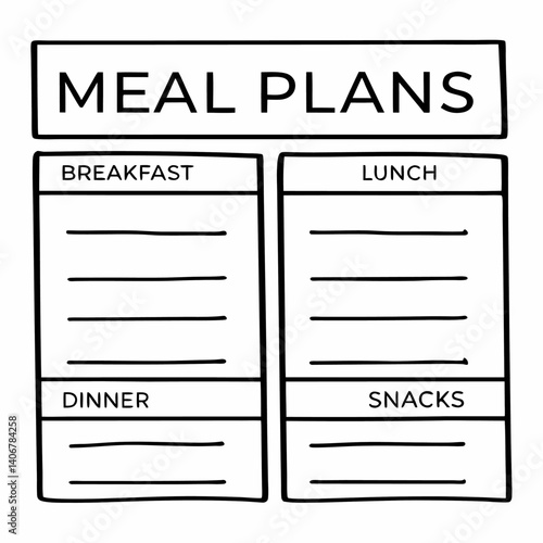 Meal planning template isolated on white background featuring sections for breakfast, lunch, dinner, and snacks, providing a structured approach to organizing daily meals and promoting healthy eating 